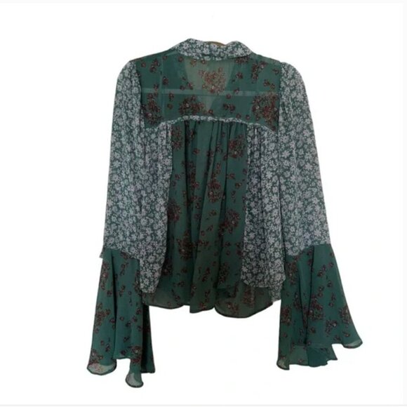 Free People Serena Printed Blouse Emerald Combo size Small - Picture 4 of 8